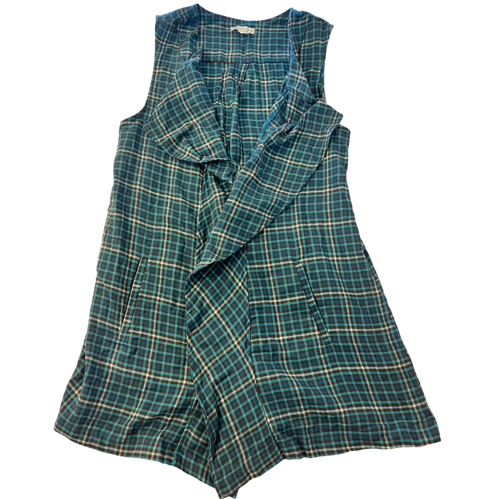Cato Womens Teal Brown Plaid Draped Open Front Cotton Vest with Pockets Small